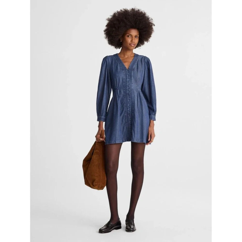 Madewell Denim Button Front Mini Dress NWT Size 2  Long Sleeve Pleated
